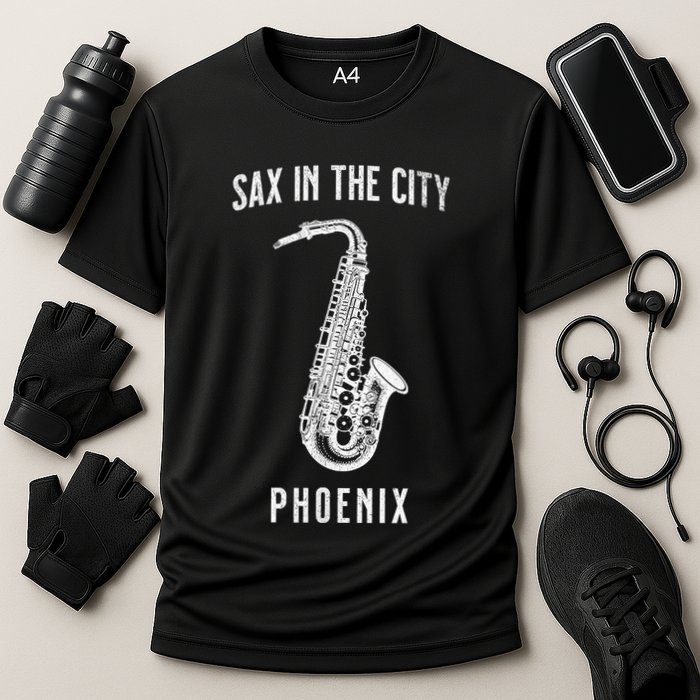 Funny Sax In The City Phoenix Jazz Music Sax Player Design Cooling Performance Crew T-Shirt
