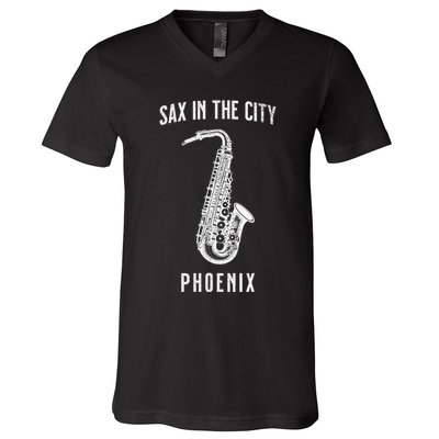 Funny Sax In The City Phoenix Jazz Music Sax Player Design V-Neck T-Shirt
