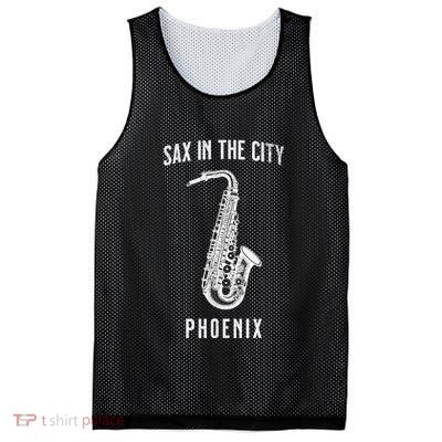 Funny Sax In The City Phoenix Jazz Music Sax Player Design Mesh Reversible Basketball Jersey Tank