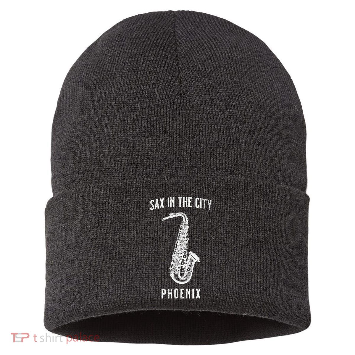 Funny Sax In The City Phoenix Jazz Music Sax Player Design Sustainable Knit Beanie
