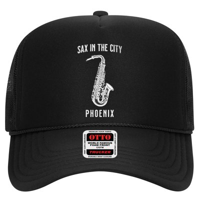 Funny Sax In The City Phoenix Jazz Music Sax Player Design Trucker Hat