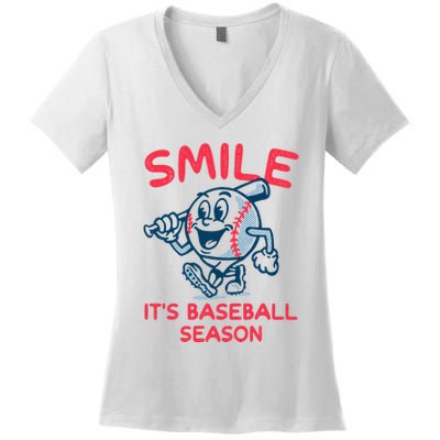 Funny Smile ItS Baseball Season Wo Women's V-Neck T-Shirt