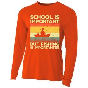 Funny School Is Important But Fishing Meme Fishing Fisherman Fish Trout Cooling Performance Long Sleeve Crew