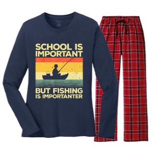 Funny School Is Important But Fishing Meme Fishing Fisherman Fish Trout Women's Long Sleeve Flannel Pajama Set 