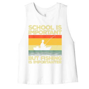 Funny School Is Important But Fishing Meme Fishing Fisherman Fish Trout Women's Racerback Cropped Tank