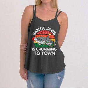 Funny Santa Jaws Shark Christmas Lights Sharkmas Xmas Retro Funny Gift Women's Strappy Tank