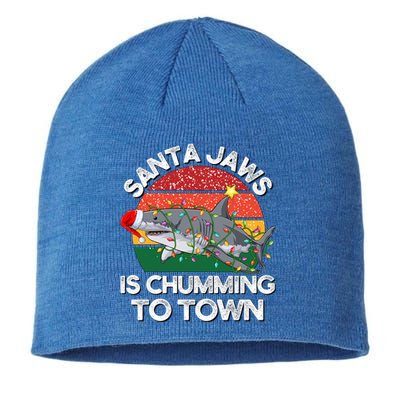 Funny Santa Jaws Shark Christmas Lights Sharkmas Xmas Retro Funny Gift Sustainable Beanie