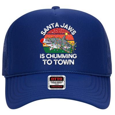 Funny Santa Jaws Shark Christmas Lights Sharkmas Xmas Retro Funny Gift High Crown Mesh Back Trucker Hat