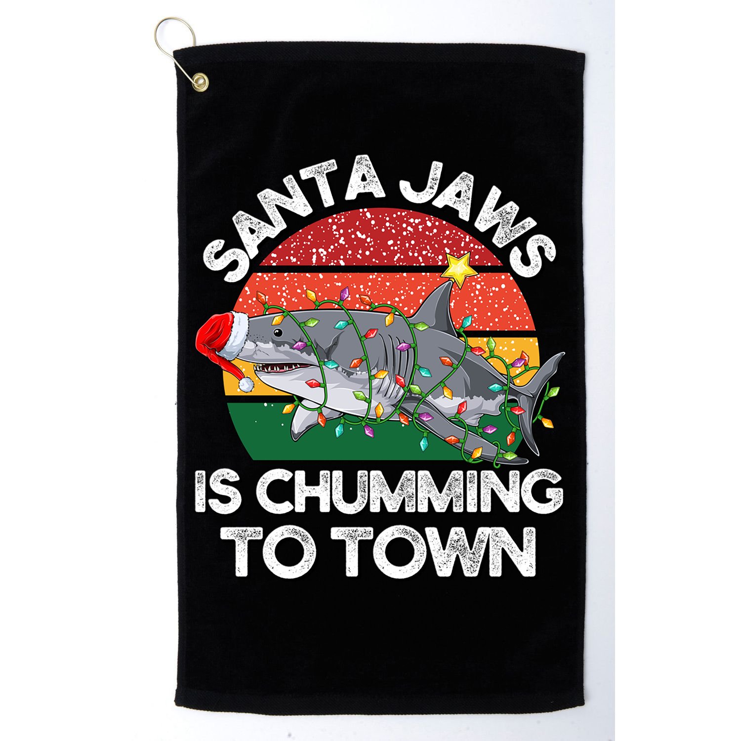 Funny Santa Jaws Shark Christmas Lights Sharkmas Xmas Retro Great Gift Golf Towel