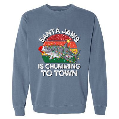 Funny Santa Jaws Shark Christmas Lights Sharkmas Xmas Retro Great Gift Garment-Dyed Sweatshirt