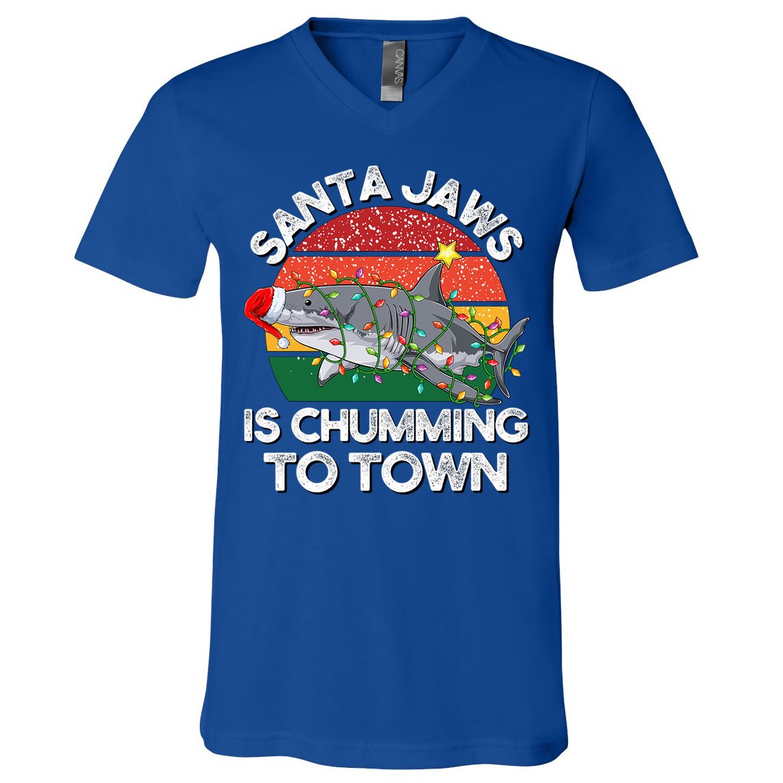 Funny Santa Jaws Shark Christmas Lights Sharkmas Xmas Retro Great Gift V-Neck T-Shirt