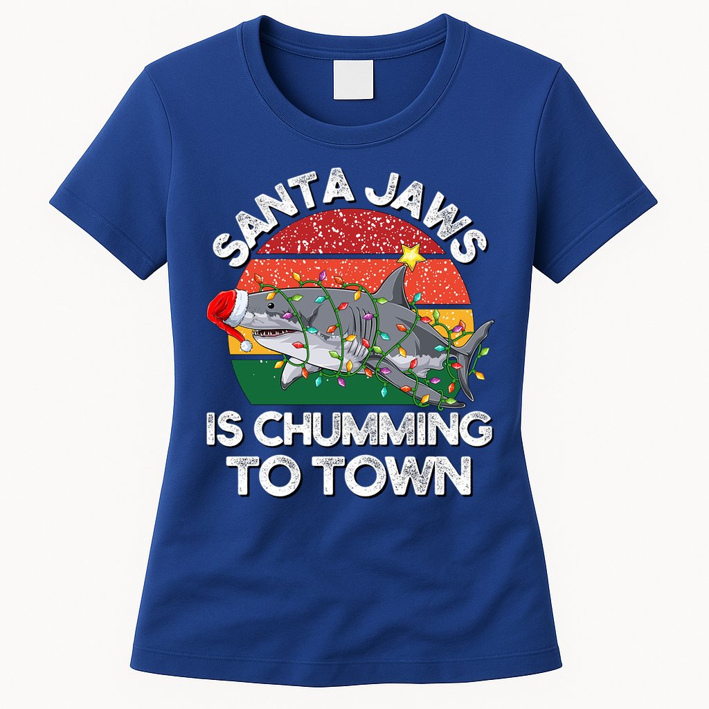Funny Santa Jaws Shark Christmas Lights Sharkmas Xmas Retro Great Gift Womens T-Shirt