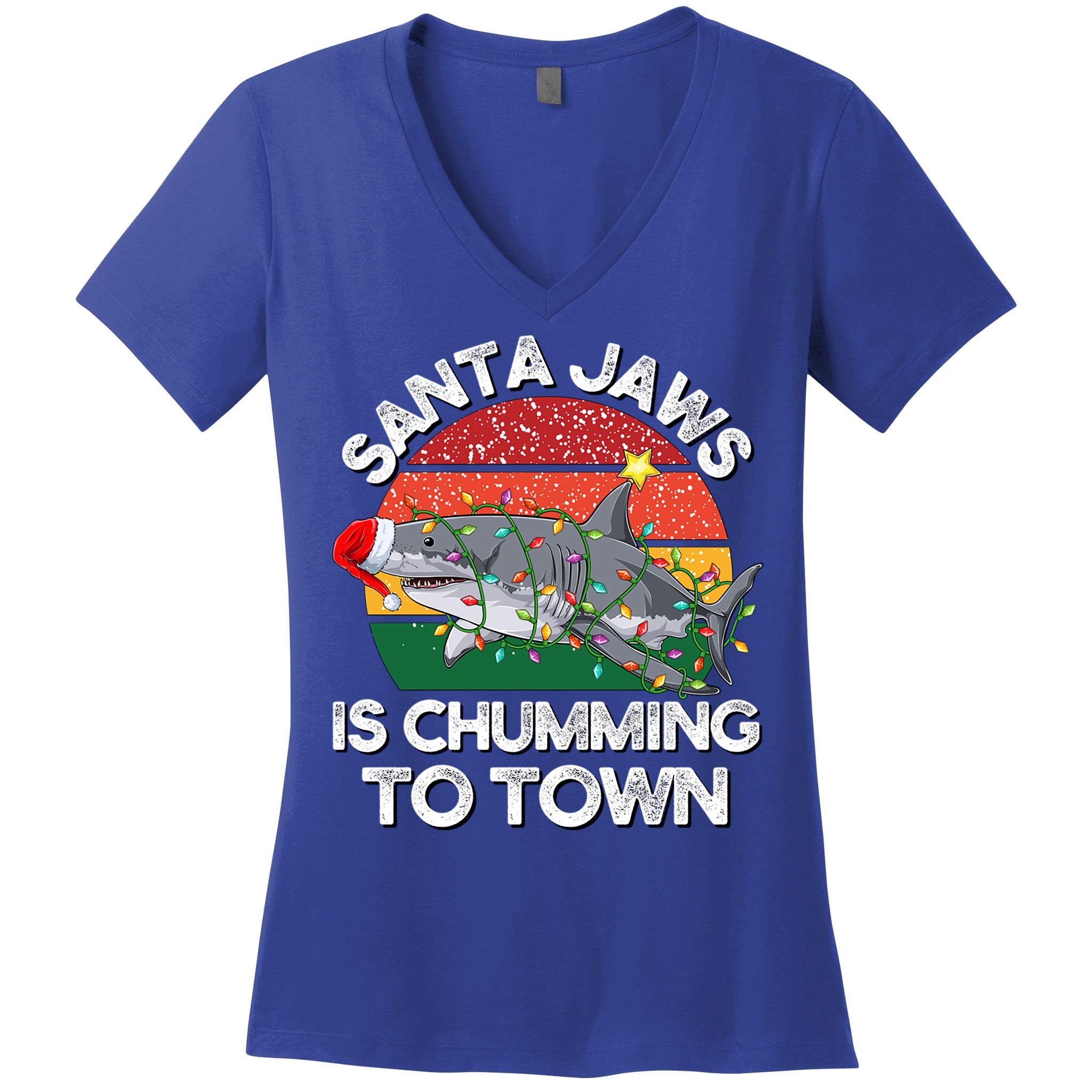 Funny Santa Jaws Shark Christmas Lights Sharkmas Xmas Retro Great Gift Women's V-Neck T-Shirt