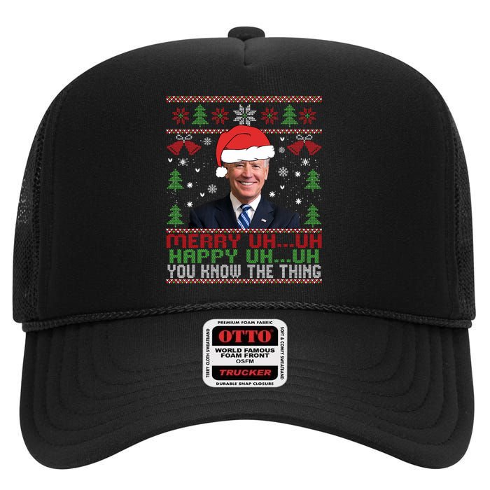 Funny Santa Joe Biden Merry Uh Uh Christmas Ugly High Crown Mesh Back Trucker Hat