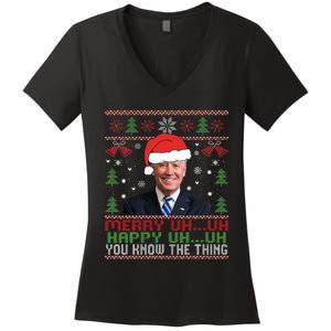 Funny Santa Joe Biden Merry Uh Uh Christmas Ugly Women's V-Neck T-Shirt