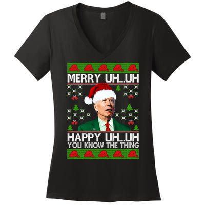 Funny Santa Joe Biden Merry Uh Uh Christmas Ugly Memes Anti Biden Ugly Christmas Women's V-Neck T-Shirt