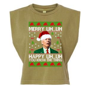 Funny Santa Joe Biden Merry Uh Uh Christmas Ugly Memes Anti Biden Ugly Christmas Garment-Dyed Women's Muscle Tee