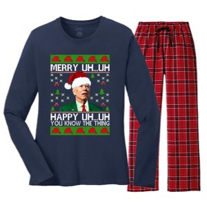 Funny Santa Joe Biden Merry Uh Uh Christmas Ugly Memes Anti Biden Ugly Christmas Women's Long Sleeve Flannel Pajama Set 