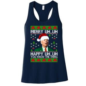 Funny Santa Joe Biden Merry Uh Uh Christmas Ugly Memes Anti Biden Ugly Christmas Women's Racerback Tank