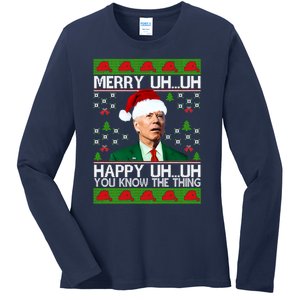 Funny Santa Joe Biden Merry Uh Uh Christmas Ugly Memes Anti Biden Ugly Christmas Ladies Long Sleeve Shirt