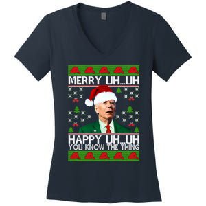 Funny Santa Joe Biden Merry Uh Uh Christmas Ugly Memes Anti Biden Ugly Christmas Women's V-Neck T-Shirt