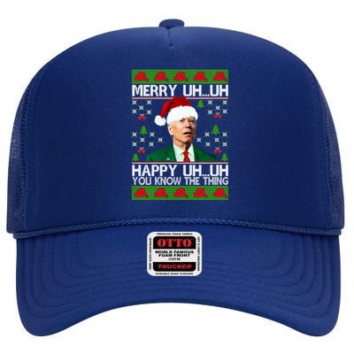 Funny Santa Joe Biden Merry Uh Uh Christmas Ugly Memes Anti Biden Ugly Christmas High Crown Mesh Back Trucker Hat