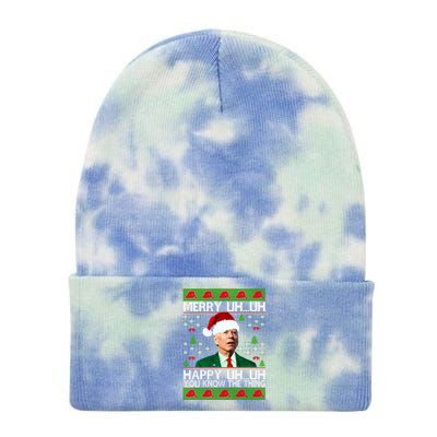 Funny Santa Joe Biden Merry Uh Uh Christmas Ugly Memes Anti Biden Ugly Christmas Tie Dye 12in Knit Beanie