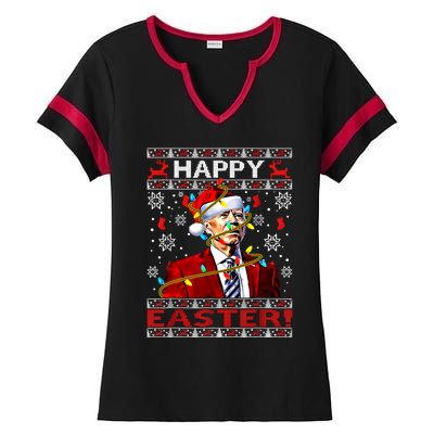 Funny Santa Joe Biden Happy Easter Ugly Christmas Lights Gift Ladies Halftime Notch Neck Tee