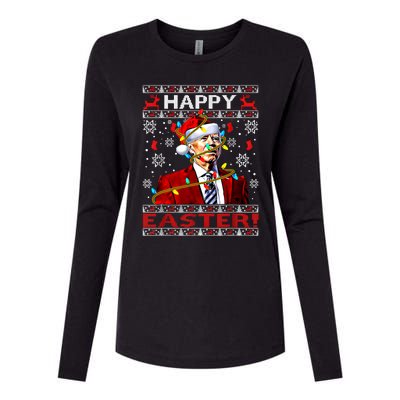 Funny Santa Joe Biden Happy Easter Ugly Christmas Lights Gift Womens Cotton Relaxed Long Sleeve T-Shirt