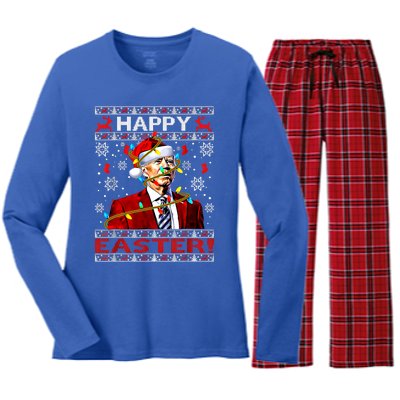 Funny Santa Joe Biden Happy Easter Ugly Christmas Lights Gift Women's Long Sleeve Flannel Pajama Set 