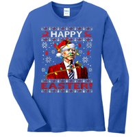 Funny Santa Joe Biden Happy Easter Ugly Christmas Lights Gift Ladies Long Sleeve Shirt