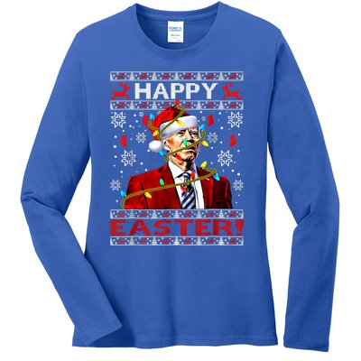 Funny Santa Joe Biden Happy Easter Ugly Christmas Lights Gift Ladies Long Sleeve Shirt