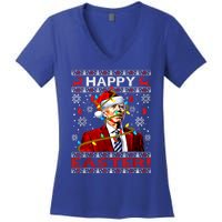 Funny Santa Joe Biden Happy Easter Ugly Christmas Lights Gift Women's V-Neck T-Shirt