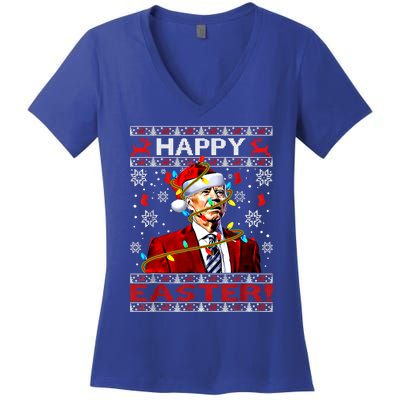 Funny Santa Joe Biden Happy Easter Ugly Christmas Lights Gift Women's V-Neck T-Shirt