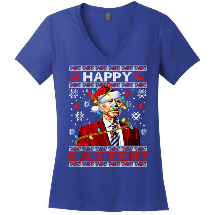 Funny Santa Joe Biden Happy Easter Ugly Christmas Lights Gift Women's V-Neck T-Shirt