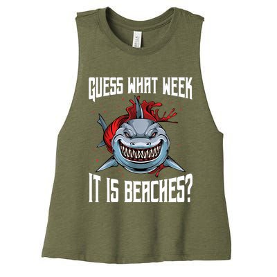 Funny Shark Joke Guess What Week It Is Sarcastic Party Beach Women's Racerback Cropped Tank