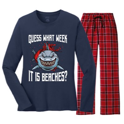 Funny Shark Joke Guess What Week It Is Sarcastic Party Beach Women's Long Sleeve Flannel Pajama Set 