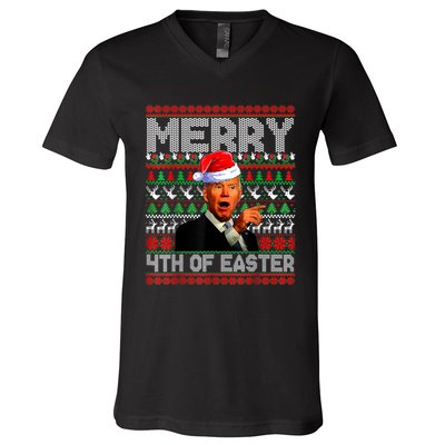 Funny Santa Joe Biden Merry 4th Of Easter Ugly Christmas V-Neck T-Shirt