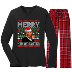 Funny Santa Joe Biden Merry 4th Of Easter Ugly Christmas Women's Long Sleeve Flannel Pajama Set 