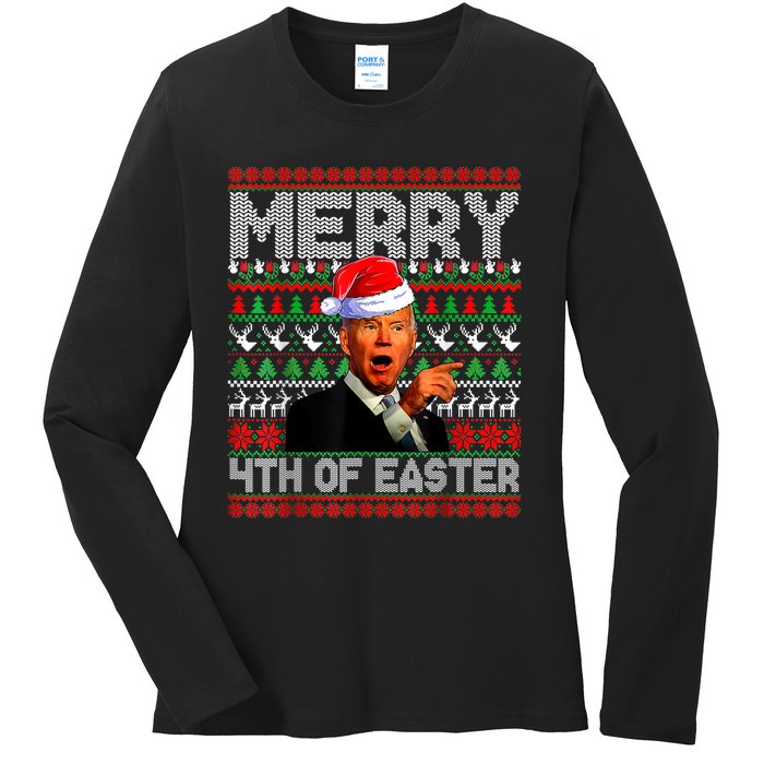 Funny Santa Joe Biden Merry 4th Of Easter Ugly Christmas Ladies Long Sleeve Shirt