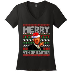 Funny Santa Joe Biden Merry 4th Of Easter Ugly Christmas Women's V-Neck T-Shirt