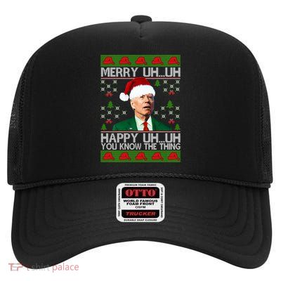 Funny Santa Joe Biden Merry Uh Uh Christmas Sweater Ugly Gift High Crown Mesh Back Trucker Hat