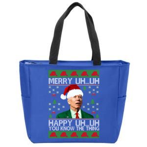 Funny Santa Joe Biden Merry Uh Uh Christmas Sweater Ugly Gift Zip Tote Bag