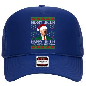 Funny Santa Joe Biden Merry Uh Uh Christmas Sweater Ugly Gift High Crown Mesh Back Trucker Hat