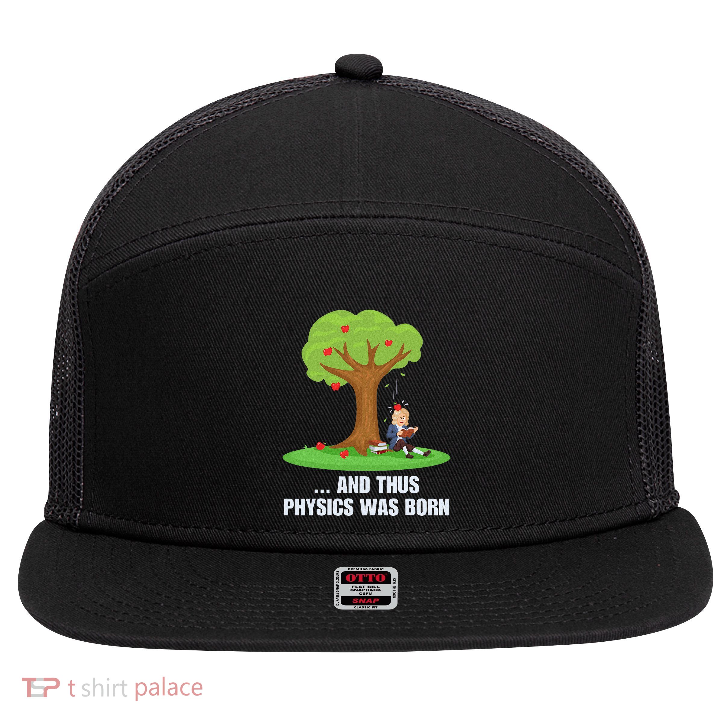 Funny Science Joke Apple Falling On Isaac Newton Physics Fun 7 Panel Mesh Trucker Snapback Hat