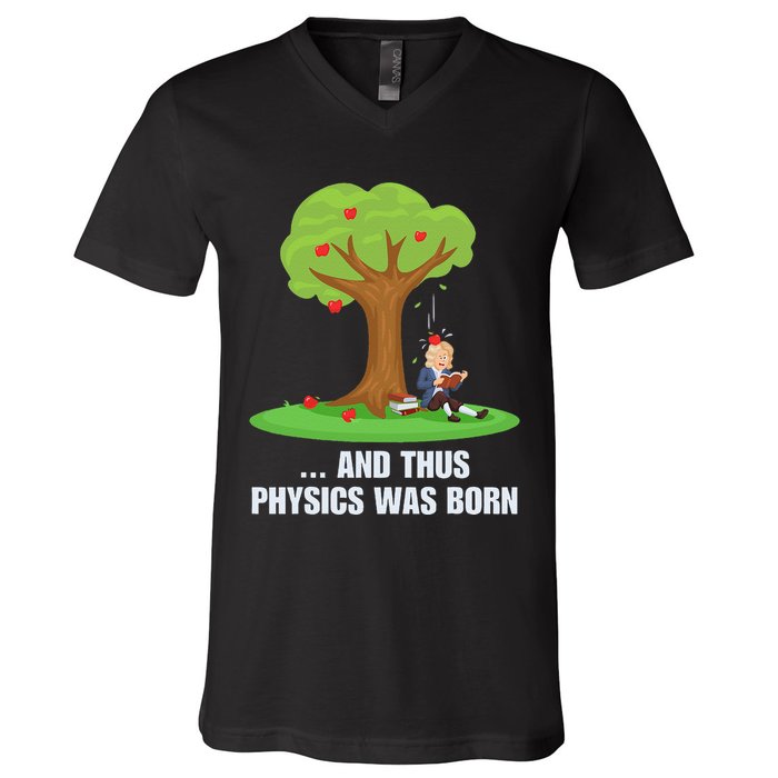 Funny Science Joke Apple Falling On Isaac Newton Physics Fun V-Neck T-Shirt