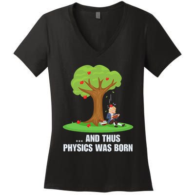 Funny Science Joke Apple Falling On Isaac Newton Physics Fun Women's V-Neck T-Shirt