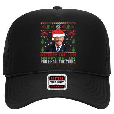 Funny Santa Joe Biden Merry Uh Uh Christmas Ugly High Crown Mesh Back Trucker Hat