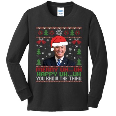 Funny Santa Joe Biden Merry Uh Uh Christmas Ugly Kids Long Sleeve Shirt