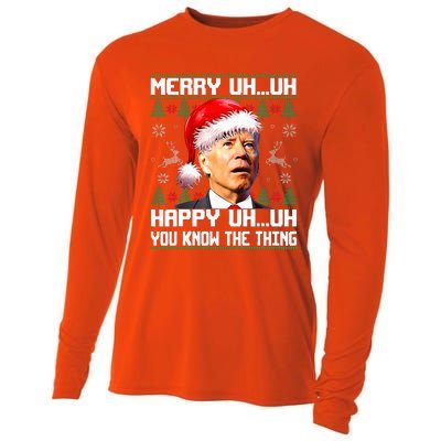 Funny Santa Joe Biden Merry Uh Uh Christmas Ugly Sweater Cooling Performance Long Sleeve Crew